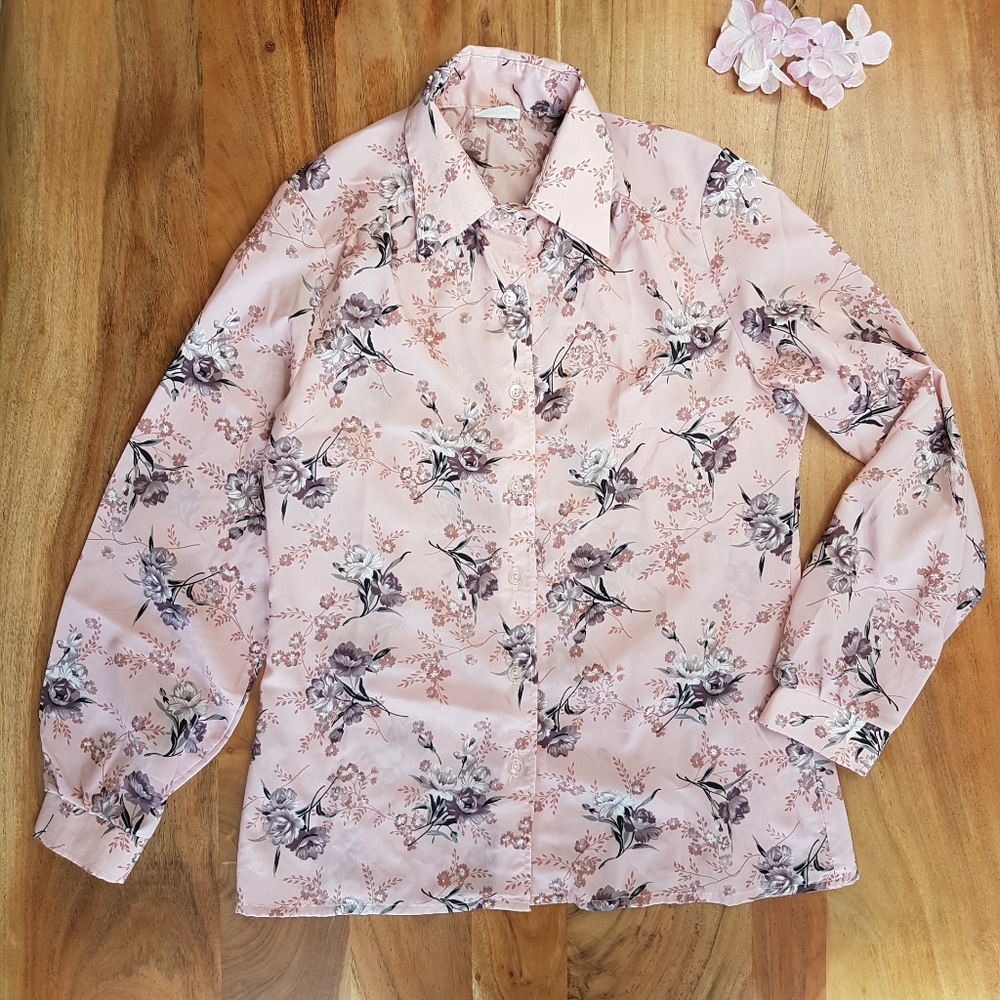 Vintage 70's Floral Button Down Blouse • Sz 11/12